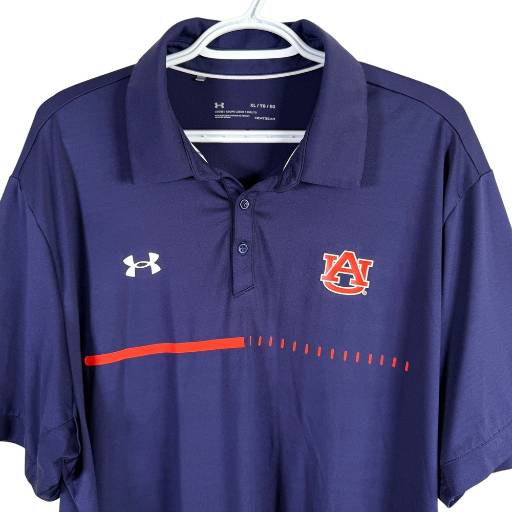 Under Armour Heatgear Auburn Tigers Polo Shirt Men XL Navy Blue S/S Stretch